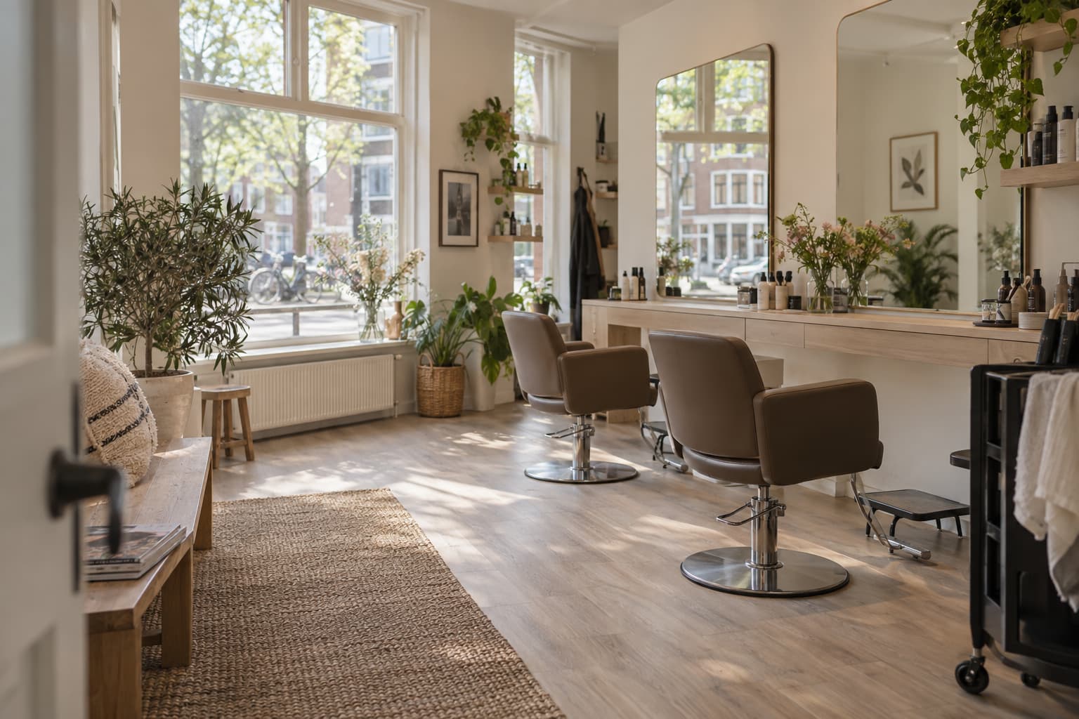 Het interieur van de salon: twee stoelen voor een lange spiegel, met daglicht uit de ramen aan de straatkant.